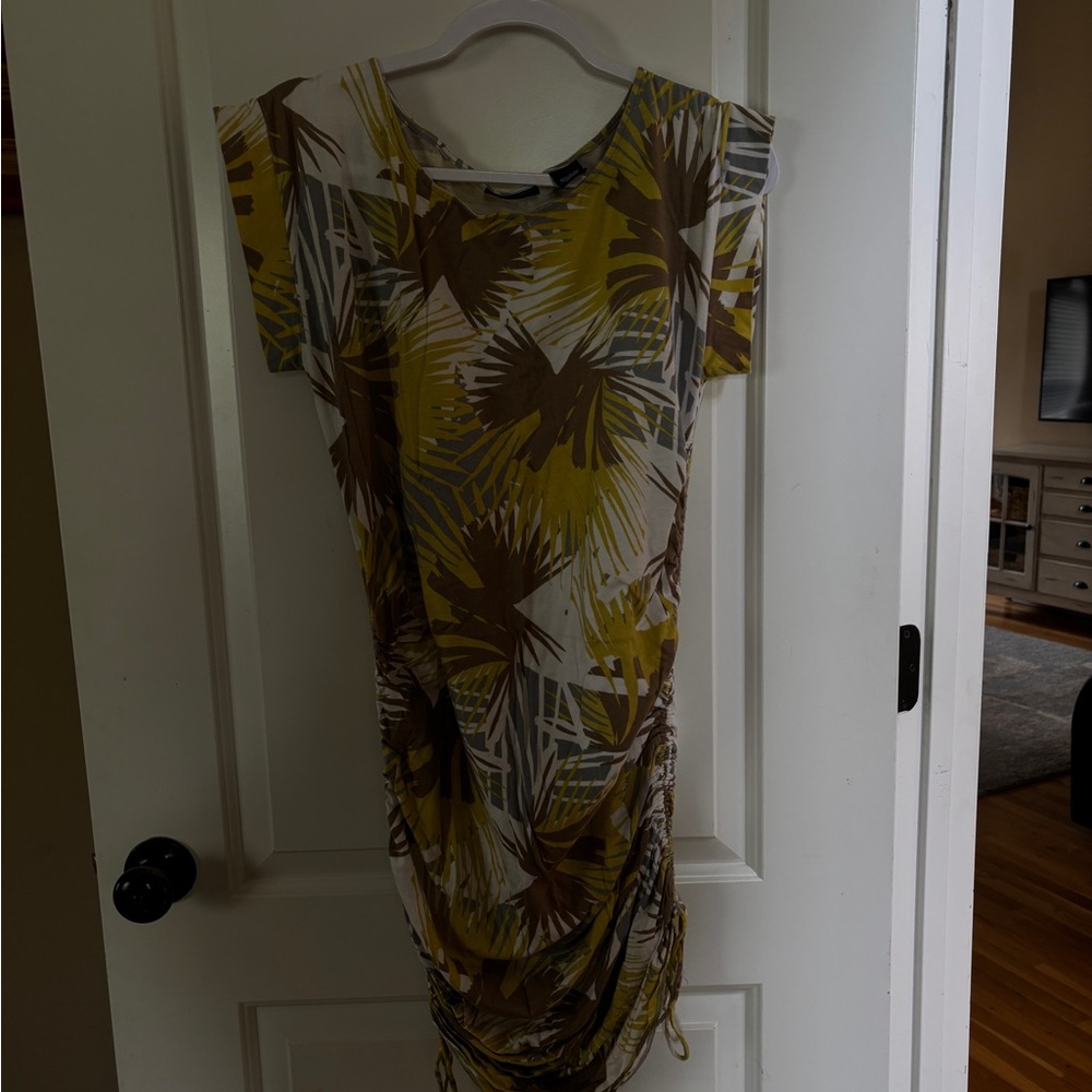 New York & Company Brown and Yellow Ruched Sheath Midi Dress
